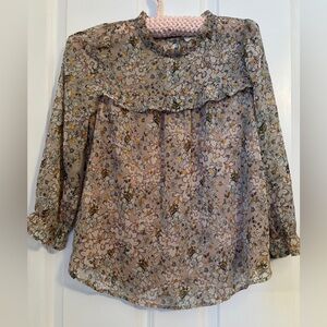 Monteau - Tan Floral Ruffle Neck Blouse with Gold Accents.  Size M. Lined, Poly
